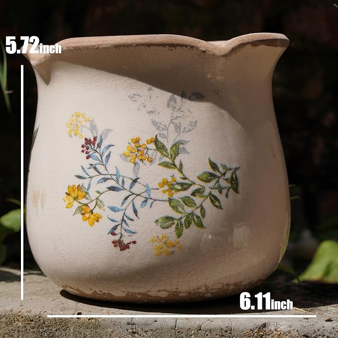Dosayes Rustic Ceramic Planter, 6 Inch Tuscan Vintage Flower Pot with Drainage, Farmhouse Garden Pot for Indoor Plants, Kitchen & Garden Tuscan Decor, Plant Lover Gift (Yellow)