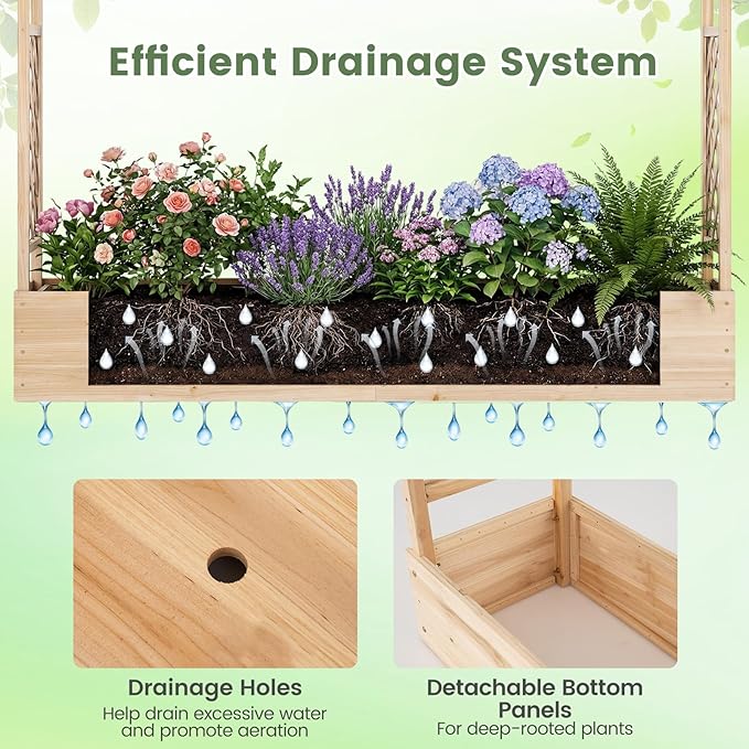BECOMFORT Raised Garden Bed with Trellis & Hanging Roof, 45" Tall Fir Wood Planter Box with Drainage Holes, Outdoor Elevated Garden Planter for Climbing Vines, Perfect for Patio, Lawn & Backyard