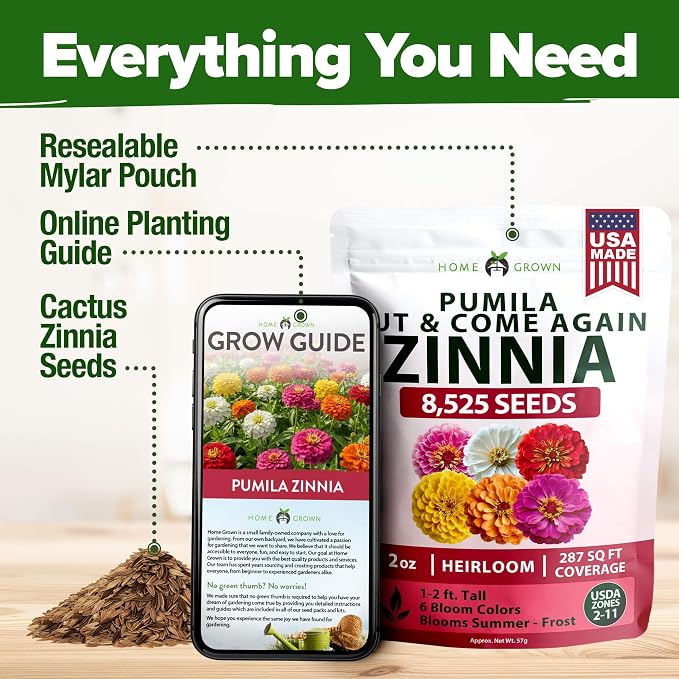 HOME GROWN Dwarf Zinnia Seeds Mix - 8525 Pumila Zinnia Seeds for 2026 (2oz) | Zinnia Flower Seeds for Planting Outdoors | Colorful Cut Annual Flowers for Summer Gardens & Containers (Zinnia elegans)