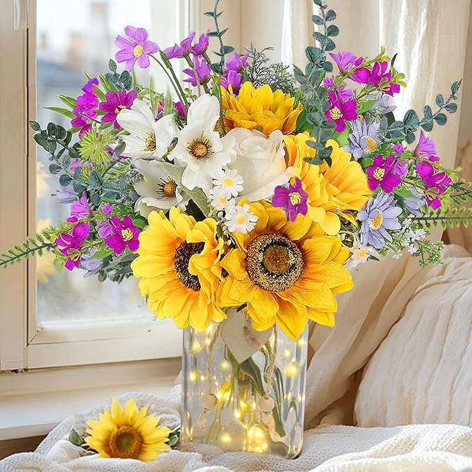 Sunflower Fake Flowers in Vase, Sunflowers Lavender Artificial Flowers with Vase for Table Centerpieces, Silk Flower Bouquet Faux Floral Arrangements Kitchen Farmhouse Cemetery Gravesites Decor