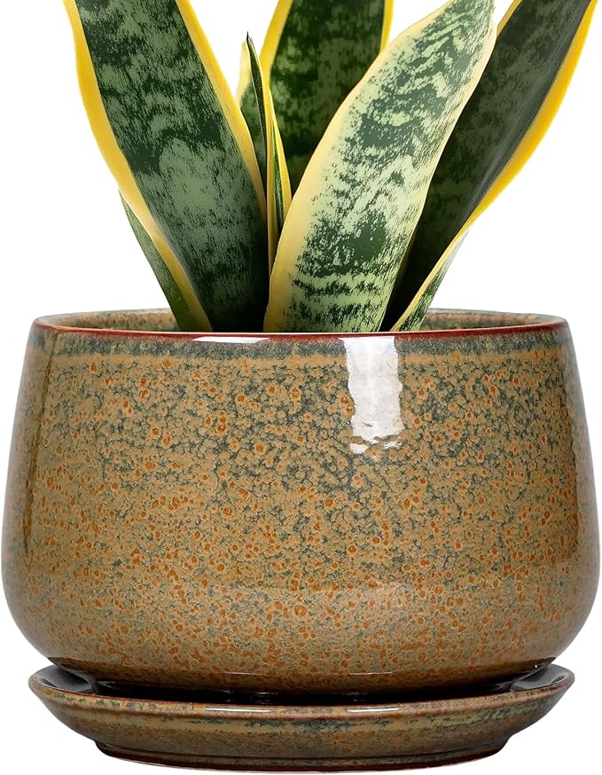G EPGardening 7 Inch Ceramic Pots for Plants - Ceramic Planters for Indoor Outdoor Plants, Round Plant Pots with Drainage and Saucer, Modern Planter, House Decor, Plant Lover Gifts, Speckled Brown