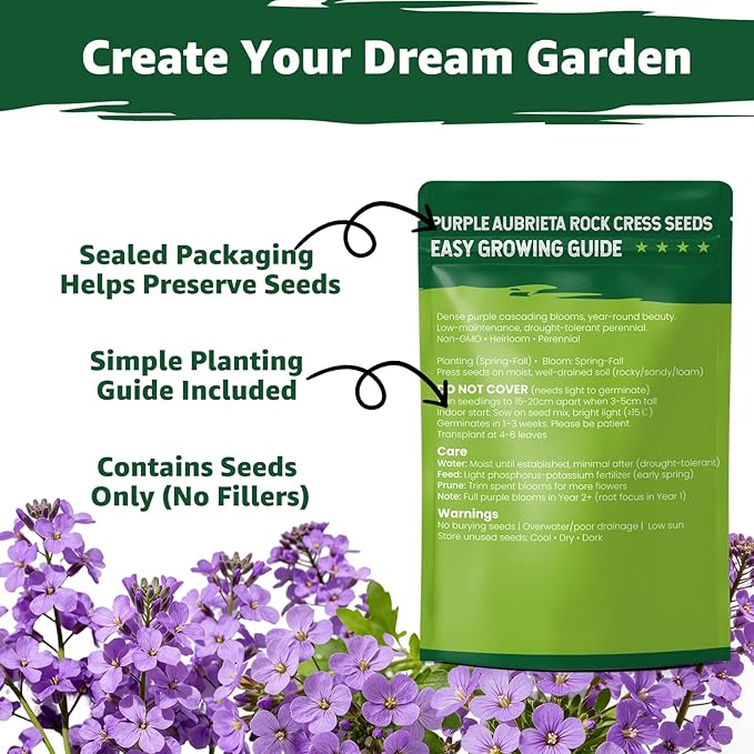 800+ Purple Aubrieta Rock Cress Seeds for Planting, Perennial Ground Cover Flower Seeds for Rock Gardens, Borders & Slopes, Attracts Butterflies & Pollinators