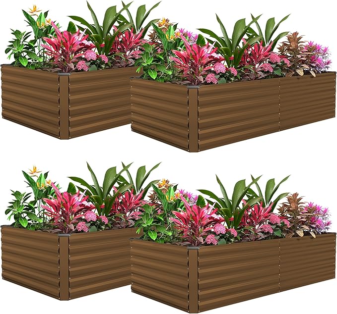 FOOWIN 4pcs 8x4x2ft Galvanized Raised Garden Bed, Planter Raised Garden Boxes Outdoor, Large Metal Raised Beds for Gardening, Garden Bed for Vegetables, Flowers, Herb,478 Gallon Capacity, Brown