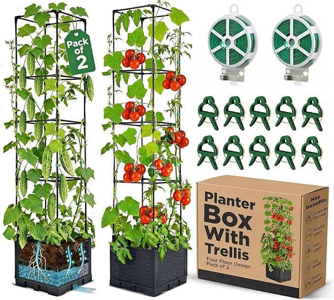 2 Pack Tomato Planter with Trellis 43 Inch, Self Watering Planter Box with Trellis, Vertical Raised Garden Bed Planter for Climbing Vegetables Indoor Outdoor Patio