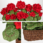 Briful Artificial Geraniums Flowers in Woven Basket Planter, Real Faux Red Silk Geranium Blooms for Outdoor Patio Porch, 13.8" Fake Potted Plant for Home Office Indoor Window Table Centerpiece Décor