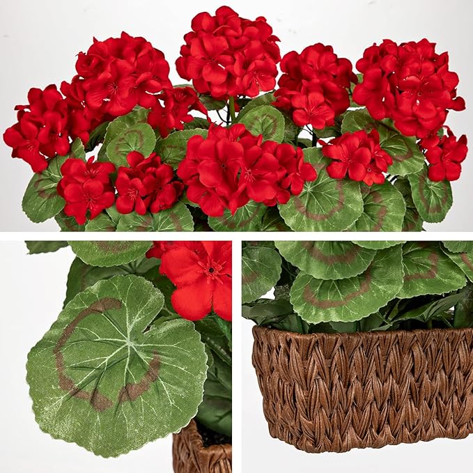 Briful Artificial Geraniums Flowers in Woven Basket Planter, Real Faux Red Silk Geranium Blooms for Outdoor Patio Porch, 13.8" Fake Potted Plant for Home Office Indoor Window Table Centerpiece Décor