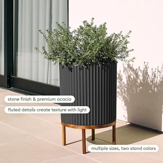 Veradek Demi Series Round Planter w/Stand for Porch/Patio | Durable Plastic-Stone Composite & Wooden Stand | Modern Décor for Tall Plants, Flowers