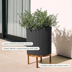 Veradek Demi Series Round Planter w/ Stand for Porch/Patio | Durable Plastic-Concrete & Wooden Stand | Modern Décor for Tall Plants, Flowers