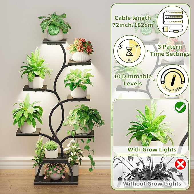 Plant Stand Indoor with Grow Light - 8 Tiered Plant Shelf Indoor, Corner Plant Stand, 49" Tall Plant Shelf with Lights for Indoor Growing, Lighted Flower Holder for Living Room, Balcony (Blackboard)