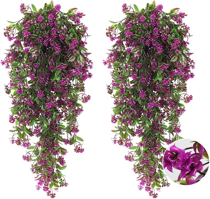 RECUTMS 2Pcs Artificial Hanging Flower Greenery Plants Faux Greenery Artificial Plants for Outdoors Hanging Basket Plastic Home Garden Wedding Party Decorations(Fuchsia)