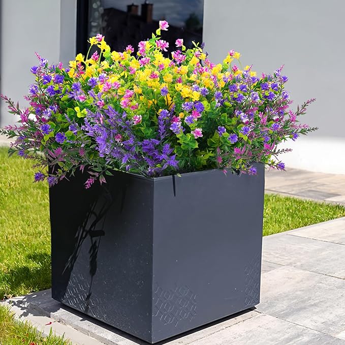 Hananona 48 Pcs Artificial Flowers Outdoor, Faux Artificial Plants UV Resistant Plastic Flower Bulk for Hanging Planter Porch Window Home Wedding Fall Summer Decor (48, Fuchsia, Purple, Yellow, Green)