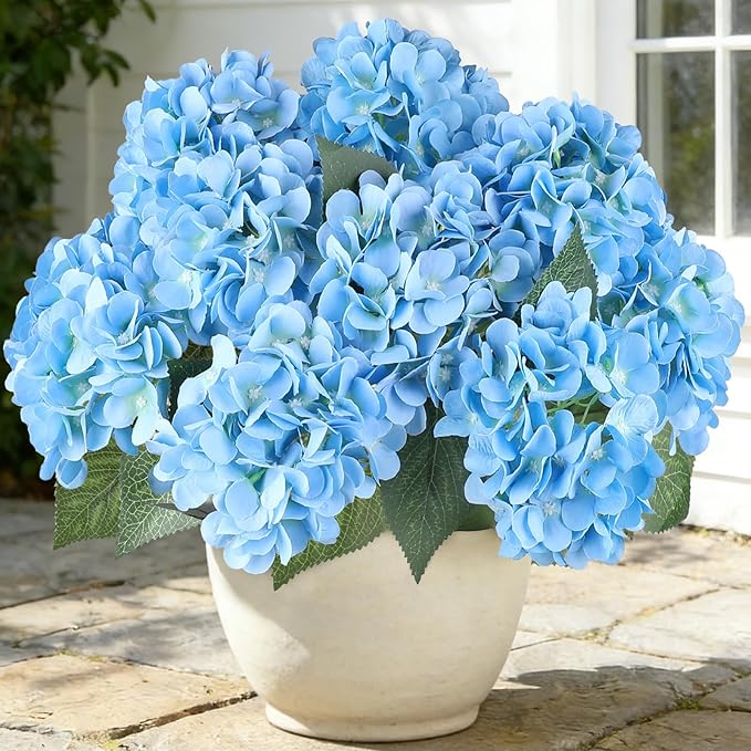 AGIRL 3 Bundles Blue Artificial Hydrangea Flowers for Outdoors, UV Resistant Lifelike Faux Flowers for Spring Indoor Outdoor Garden Patio Porch Balcony Home Decor Wedding Party Centerpieces