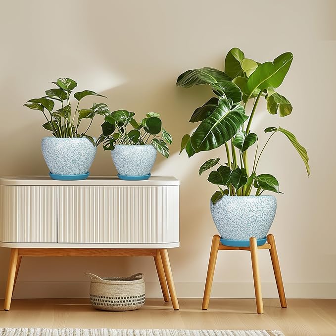 Ceramic Plant Pots - 8 Inch Indoor Plant Pots with Drainage Hole and Tray, Decorative Round Planters for Outdoor Plants, Indoor Plant Pot, Home Decor, Gifts for Men Women, Crackle Blue