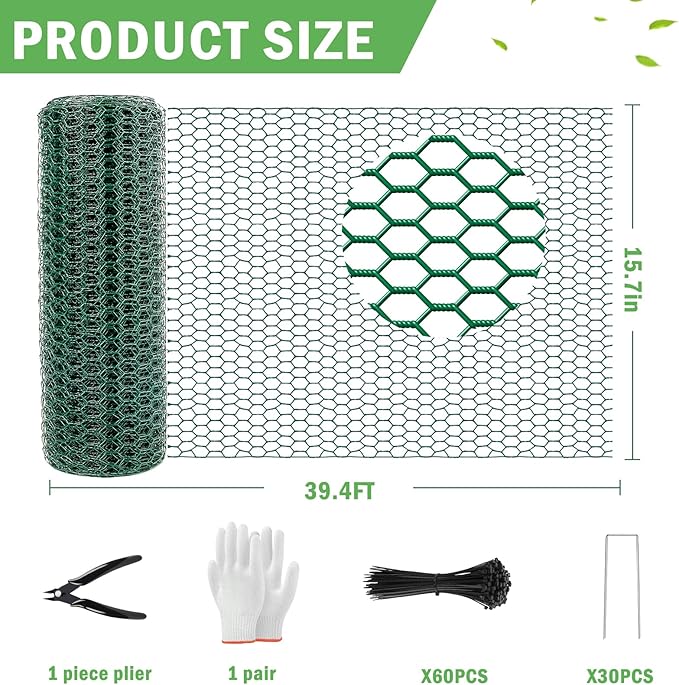 40Ft x 16In Plant Protectors from Animals, Plant Cages for Outdoor Plants, Free-Cut Wire Plant Protector, Plant Cover Chicken Wire Fencing with Ground Stakes & Ties to Keeping Bunny Animals Out
