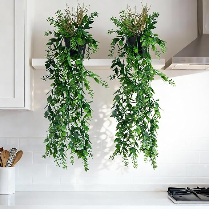 2 Pcs Faux Eucalyptus Vine Ivy Vine Artificial Hanging Plant Faux Plant Fake Potted Greenery for Wall Living Room Home Shelf Office Bathroom Outdoor Indoor Decor (Type 5)