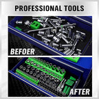 Magnetic Socket Organizer Set, 6-piece 1/4", 3/8", 1/2" SAE & Metric Sockets Holder, Drive Socket Trays, Storage Tool Box, Holding 143 Slots, Soft Rubber Covering Black Green Tools