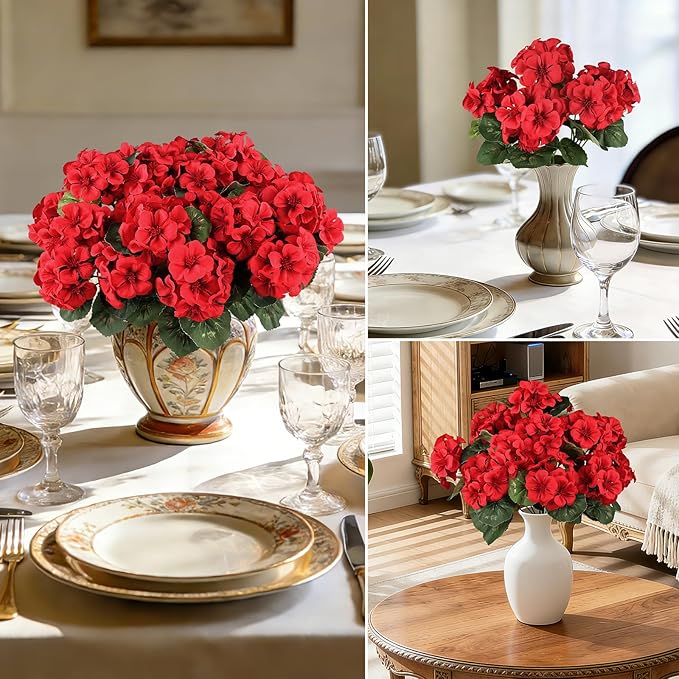 12 Bundles Red Artificial Geranium Flowers for Outdoors Spring Decor Geraniums Silk Flowers UV Resistant Lifelike Faux Flowers for Spring Indoor Outdoor Garden Patio Porch Balcony Home Decoration