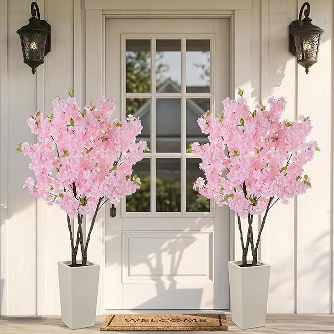BLOSMON Cherry Blossom Tree for Porch: 5ft Pink Fake Flowers Artificial Tree with Tall Planter for Outdoor Decorations - Faux Sakura Plants for Indoor Home Living Room