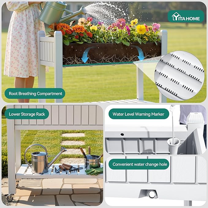 YITAHOME 42.5x17.3x35.4 in Raised Garden Bed, Outdoor Plastic Planter Box with Wheels, Legs, Drain Plug, and Storage Shelf for Plants, Vegetables, Flowers, Herbs, White