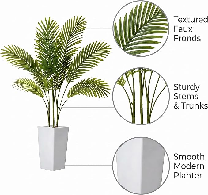 Garvee 4.3FT Artificial Palm Tree, Tall Faux Tropical Areca Plants with White Tall Planter, Fake Potted Tree with Lifelike Leaves for Indoor Living Room Bedroom Home Office Decor