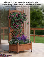29.5"x13"x61.5" Large Wooden Raised Garden Bed with Trellis & Adjustable Wheels - Planter Box with Drainage Holes for Herbs, Flowers - Portable Indoor/Outdoor Use, 1 PC