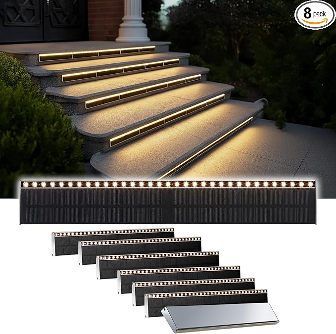 SHONELIGHTING Solar Step Lights for Outside, 33 Focused-Beam High-Brightness LEDs, Waterproof Aluminum Outdoor Stair Light for Risers, Curbsides, Poolsides, Planter Edges (Warm White, 8Pack)