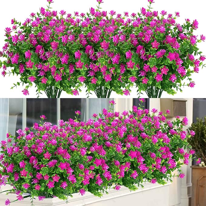 12 Bundles Outdoor Artificial Flowers UV Resistant Fake Boxwood Plants, Faux Greenery for Indoor Outside Hanging Plants Garden Porch Window Box Home Wedding Farmhouse Décor (Magenta)