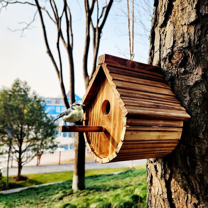 1 Pack Wren Houses for Outdoors,Natural Wooden Hanging Bird House for Chickadee,Bluebird,Handmade from Natural Wood for Garden Decorations