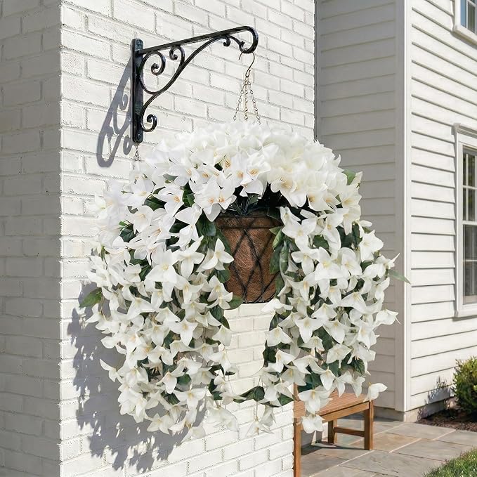 Artificial Flowers for Outdoors Fake White Bougainvillea Hanging Flower Decoration, 2Pcs Realistic Faux Silk Plants Long Trailing Vines, Spring Decor for Porch Patio Balcony Planter Yard