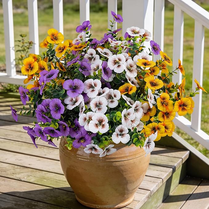17 Inch Artificial Faux Pansy Flowers for Outdoor,Fake Pansies Flowers with Eucalyptus Leaves Fake Plants Greenery Boxwood Porch Patio Decor 6 Bundles(Light Purple,Dark Yellow,White)
