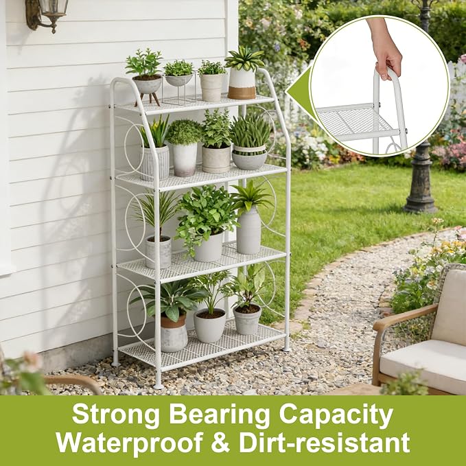 VyGrow Plant Stand, 4 Tier Plant Shelf for Indoor Outdoor, Heavy Duty Metal Tall Plant Stands Holder Rack for Living Room Balcony and Garden, White