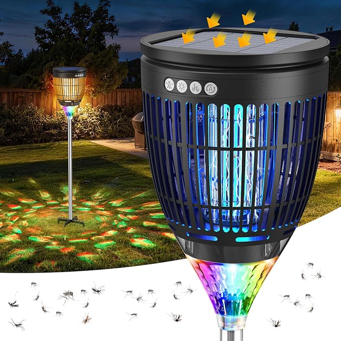 Solar Bug Zapper Outdoor, Jinyeda 4200V Mosquito Zapper with RGB Projector & Flame Lights, Cordless Mosquito Killer, USB Rechargeable Fly Insect Trap Waterproof Lighting Decor for Patio, Garden, Yard