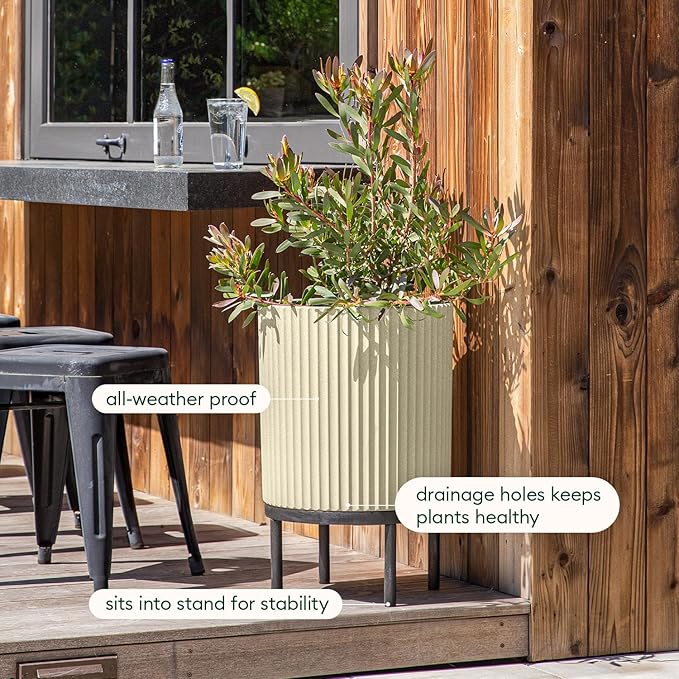 Veradek Demi Series Round Planter w/Stand for Porch/Patio | Durable Plastic-Stone Composite & Wooden Stand | Modern Décor for Tall Plants, Flowers