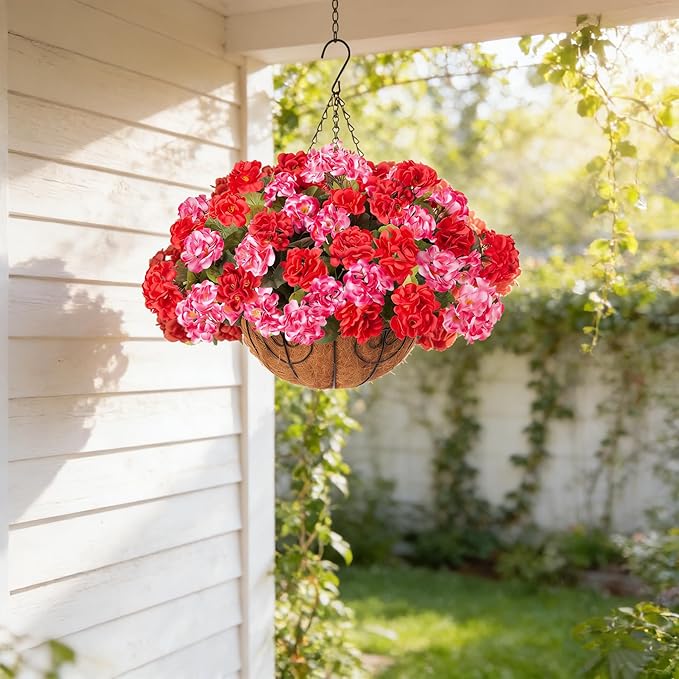 INSPRING Geraniums Artificial Flowers Hanging Basket for Outdoors Outside Spring Decoration, 8 Bundles Silk Flowers Fake Plants Look Real UV Resistant for Porch Home Patio Balcony Yard, Red Pink