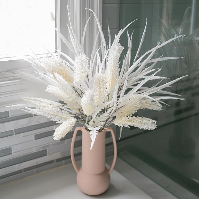 7 PCS Artificial Stems Fake Plants for Spring Summer Decor, 26 in Fake Leaves Greenery Branches White Silk Flowers Faux Foliage DIY Stems for Vase Home Kitchen Farmhouse Indoor Table Centerpiece