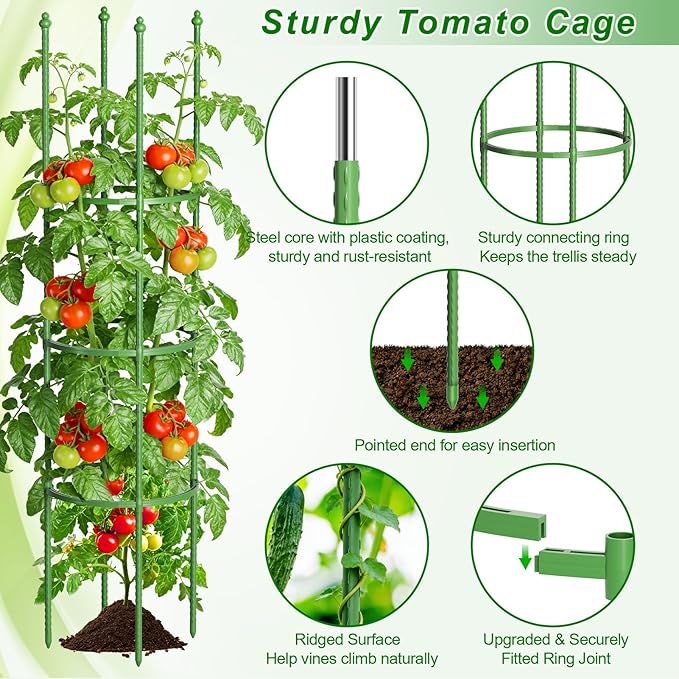 Fabulas Tomato Cage, 59 Inch Adjustable Tomato Plant Support Cages for Garden and Pots, Steel Core Plastic Coated Trellis for Raised Bed Climbing Plants Cucumber Beans Vegetable Flower Fruit, 3 Pack