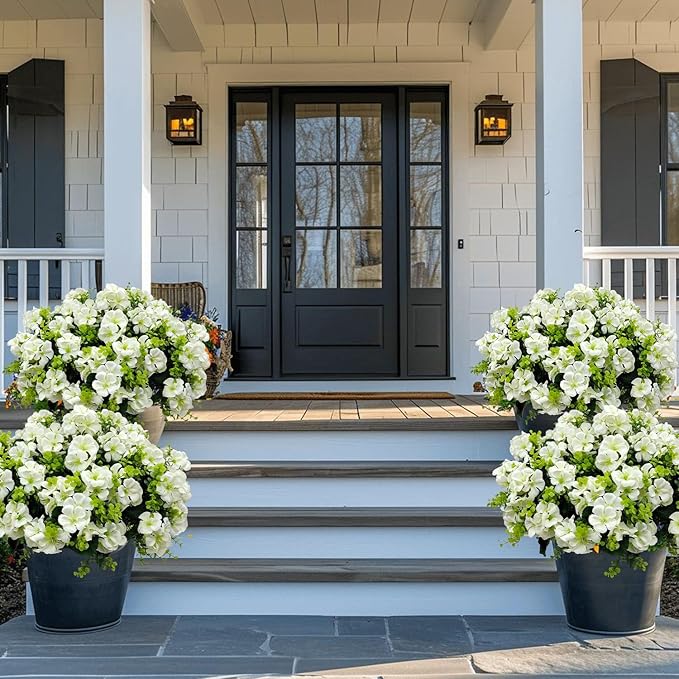 Artificial Geranium Flowers for Outdoor Decoration, 6 Bundles UV Resistant Silk Geranium Fake Plants Faux Flowers for Front Porch Garden Patio Window Box Outside Indoor Decor (White)