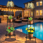 2 Pack Outdoor Solar Floor Lamp with Plant Stand, Waterproof Metal Garden Lights with 2-Tier Shelves, Decorative LED Cordless Patio Lamp for Porch, Deck, Balcony, Yard & Corner Decor (Bronze)