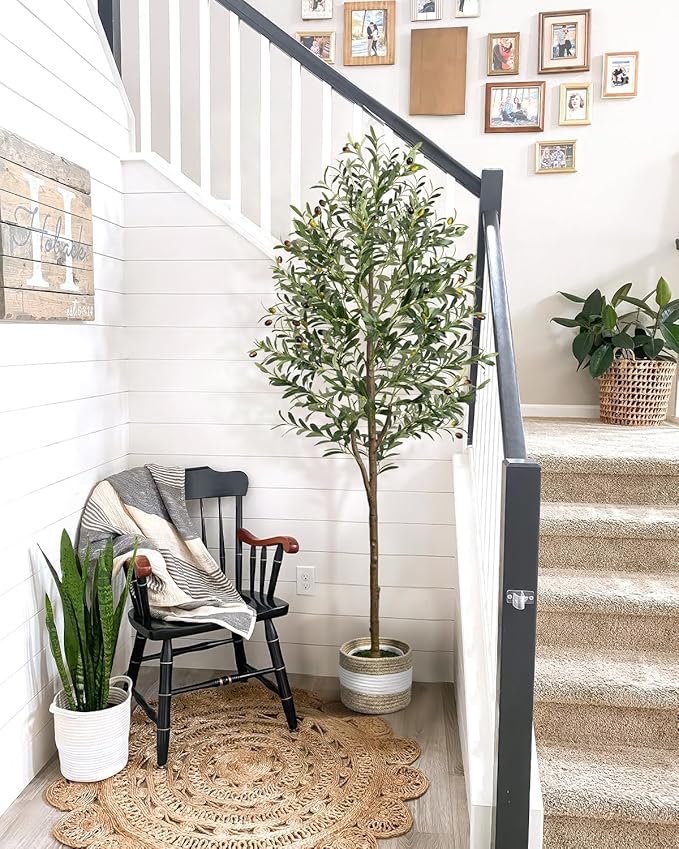 6FT Artificial Olive Tree - Indoor Tall Faux Olive Trees with Planter&Basket, Large Fake Olive Silk Tree Realistic Olive Plants with Branches and Fruits for Home Decor Office Living Room