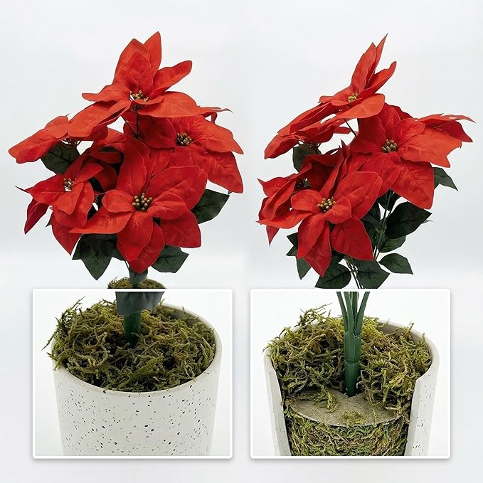 2 Pack Red Christmas Poinsettia Flowers in Pots, 18.9" Artificial Poinsettia Plants with Realistic Layered Petals, Speckled Pot and Moss Base for Holiday Indoor Decor, Table Centerpiece, Porch