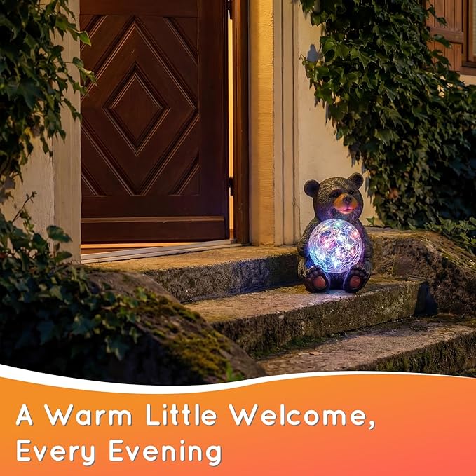 Lavezee Black Bear Statue Outdoor Garden Decor, Bear Figurine Holding Glowing Orb for Garden, Patio, Yard Decor