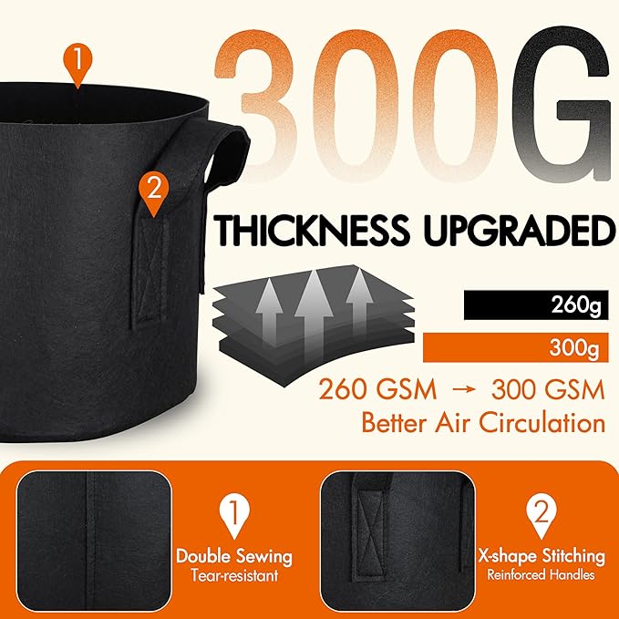 Gardzen 10-Pack 15 Gallon Grow Bags, 300G Thickened Fabric Grow Bags with Handles, Heavy Duty Aeration Plant Grow Bags