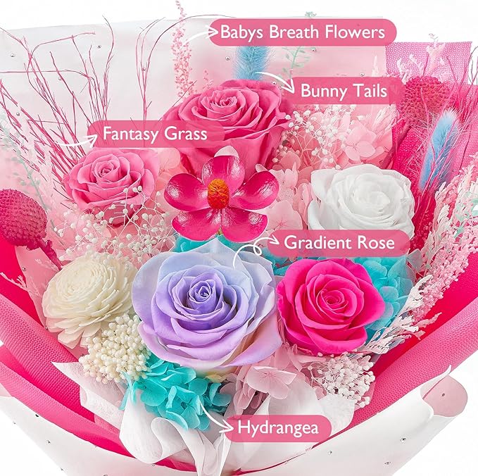 Eterfield Flowers for Delivery Prime, Mother's Day Forever Flowers Bouquet, Preserved Hotpink Roses Birthday Gifts for Her Women Wife Mom Grandma Anniversary Valentines Day Christmas