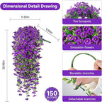 Artificial Hanging Flowers for Outdoors, 2 PCS 300 Blooms UV Resistant Morning Glory Faux Silk Vines, No-Odor Realistic Fake Plants for Garden Planter Porch Patio Decoration, Purple