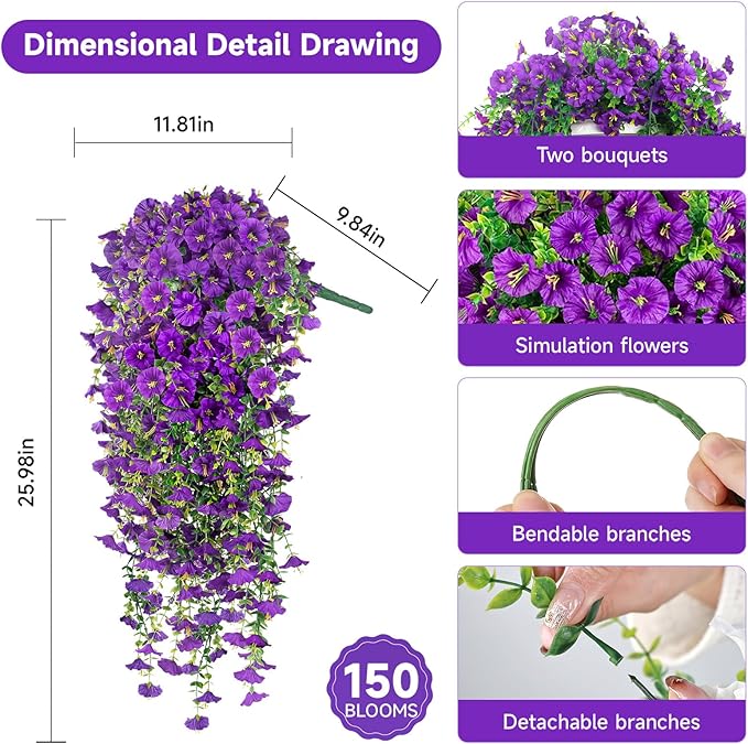 Artificial Hanging Flowers for Outdoors, 2 PCS 300 Blooms UV Resistant Morning Glory Faux Silk Vines, No-Odor Realistic Fake Plants for Garden Planter Porch Patio Decoration, Purple