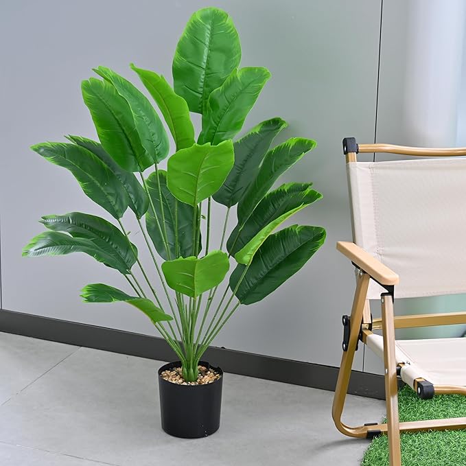 Artificial Bird of Paradise Plant 28“, 18 Trunks, Faux Palm Tree in Pot for Indoor/Outdoor Décor