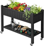 YITAHOME 42.5x17.3x35.4 in Raised Garden Bed, Outdoor Plastic Planter Box with Wheels, Legs, Drain Plug, and Storage Shelf for Plants, Vegetables, Flowers, Herbs, Black