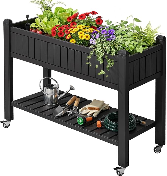 YITAHOME 42.5x17.3x35.4 in Raised Garden Bed, Outdoor Plastic Planter Box with Wheels, Legs, Drain Plug, and Storage Shelf for Plants, Vegetables, Flowers, Herbs, Black
