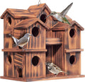 MIXUMON Wooden Bird Houses for Outside – 10 Rooms Multi-Chamber Bird House, Carbonized Pine Rustic Finish, 1.57" Entrance Holes, Individual Cleaning Doors, Decorative Outdoor Bird Nesting Box