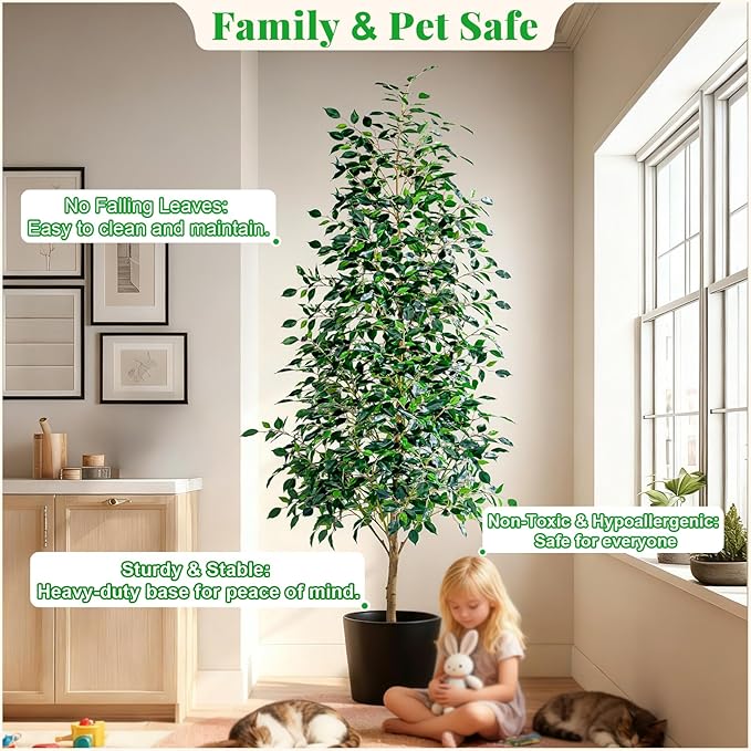 Bailikang 6FT Artificial Ficus Trees Indoor Faux Trees Indoor Fake Floor Plants Tall Artificial Tree with White Pot Faux Tree Fake Indoor Tree Silk Plants Artificial Trees for Home Decor Indoor